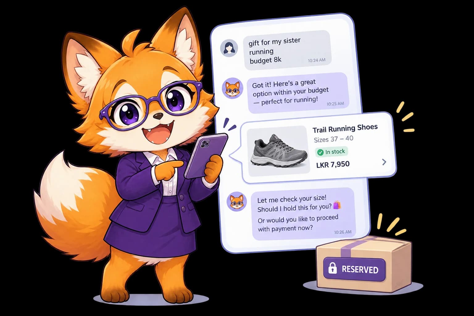 Klara narrowing a gift request to one in-stock trail shoe and asking to hold it or take payment