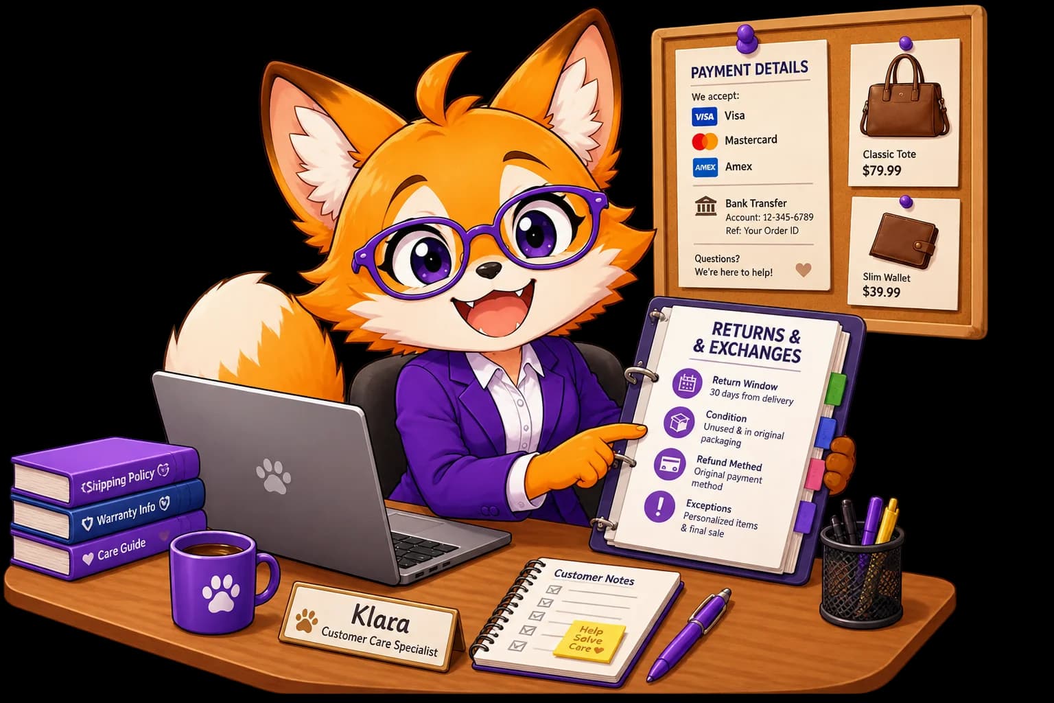 Klara at her desk with returns and exchange policies, product catalogue, payment details, and shipping guides, answering from what the shop has taught her