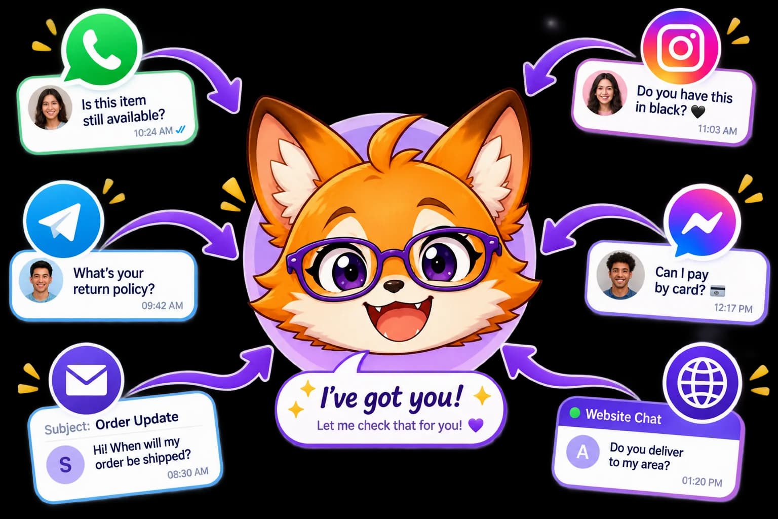 Klara at a unified inbox desk answering customer messages from WhatsApp, Telegram, Instagram, and Messenger, one Klara across every channel